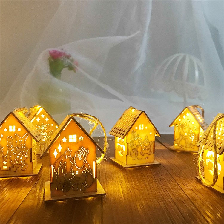Enfeites De Natal De LED De Madeira Clara Casa Pingente Cabines De Parede Luminosa Suspensão Do Natal Decoração Da Árvore - Aleatória-3