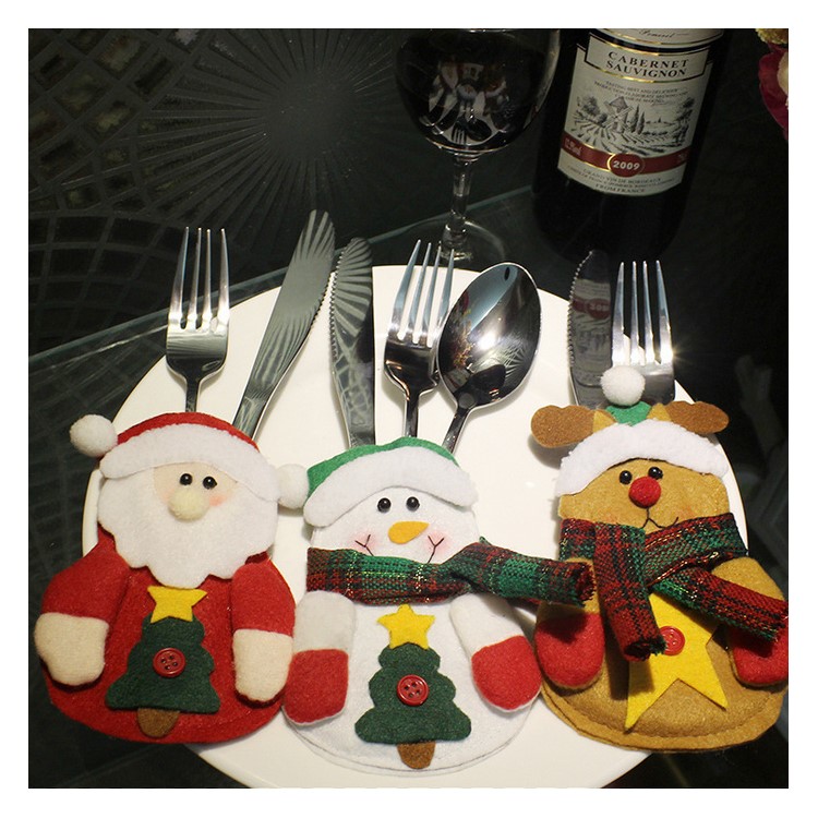 3Pcs/Set Christmas Cutlery Silver Colorware Pockets Fork Holder - Santa Claus, Snowman, Elk-1