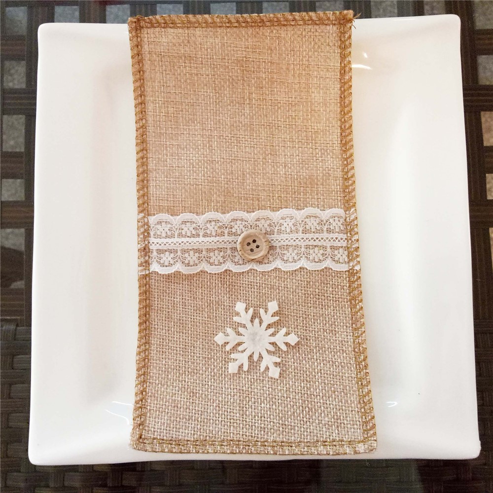 Christmas Burlap Lace Utensil Holder Silverware Cutlery Pouch Knife Fork Bag - Snowflake-2