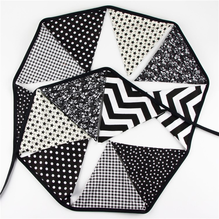 12 Triangle Flags Black and White Bunting Cotton Kid's Birthday Party Decor-1