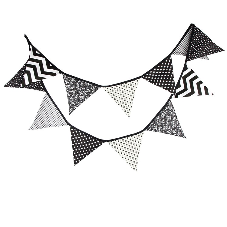 12 Triangle Flags Black and White Bunting Cotton Kid's Birthday Party Decor-2