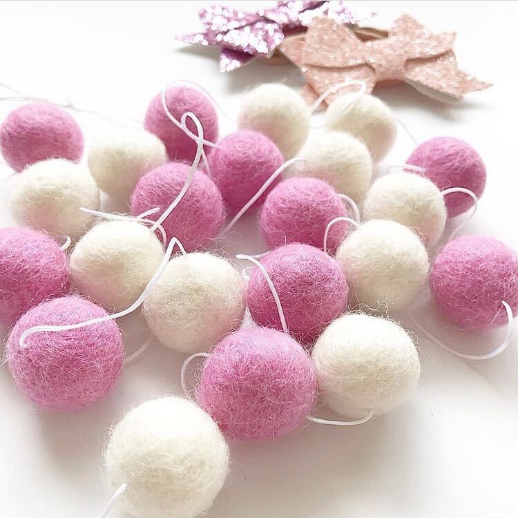 2 Meters Wool Felt Ball Garland for Kids Room Home Party Decoration, Diameter: 2cm - White / Pink-1
