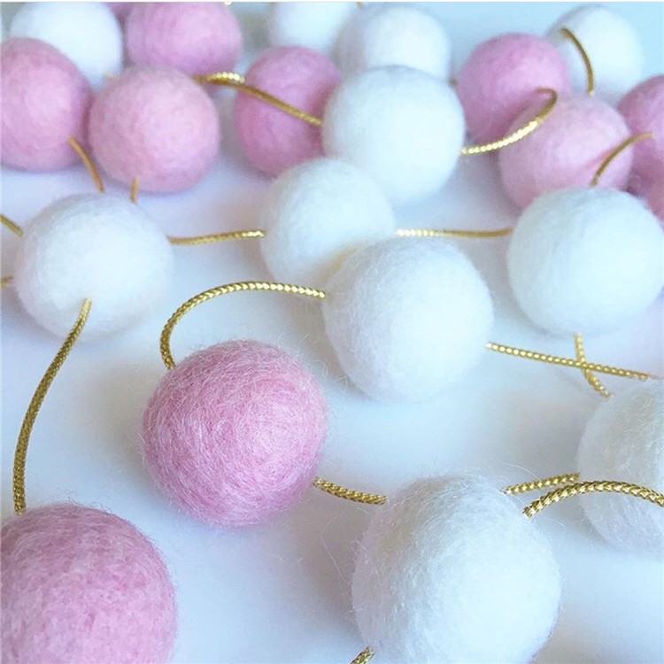 2 Meters Wool Felt Ball Garland for Kids Room Home Party Decoration, Diameter: 2cm - White / Pink-5