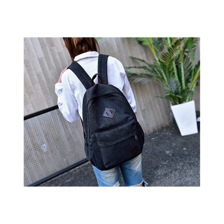 Unisex Classic Pure Color Canvas Causal Bag Fashion School Backpack Travel Bag - Black-2