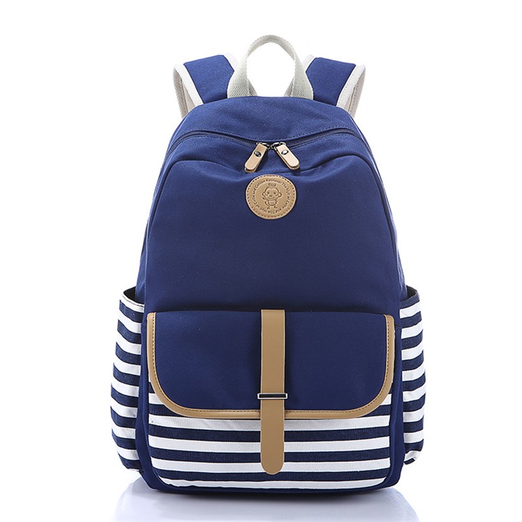 Stripe Pattern Navy Style Casual Canvas Backpack Travel Bag - Dark Blue-1