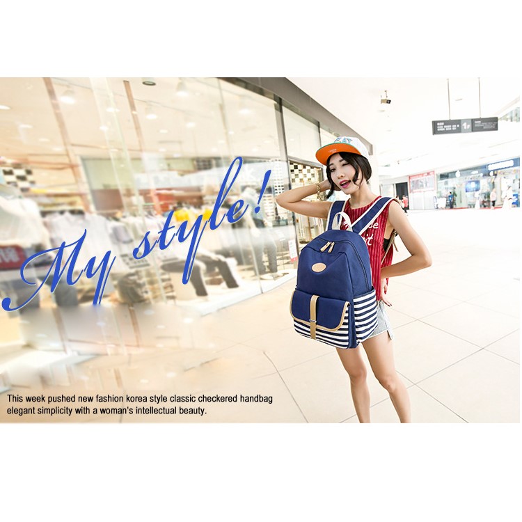 Stripe Pattern Navy Style Casual Canvas Backpack Travel Bag - Dark Blue-3