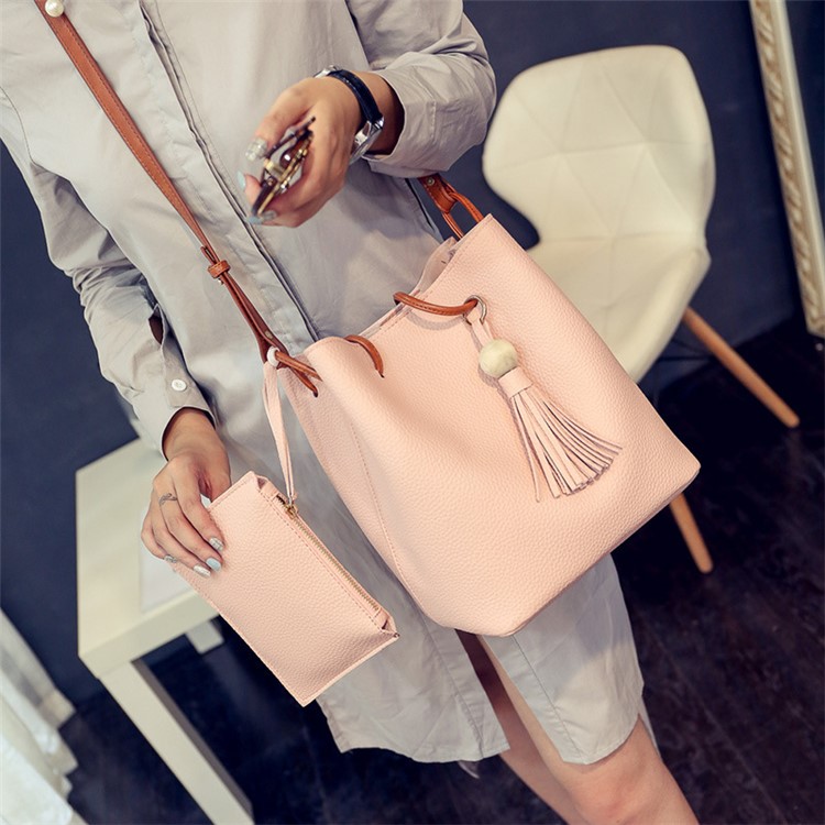 2 PCS / Set Women Shoulder Bag Tote PU Leather Handbag Purse - Pink-2