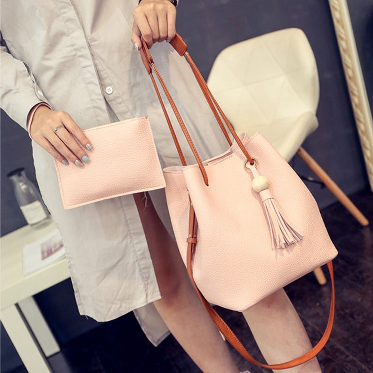 2 PCS / Set Women Shoulder Bag Tote PU Leather Handbag Purse - Pink-4