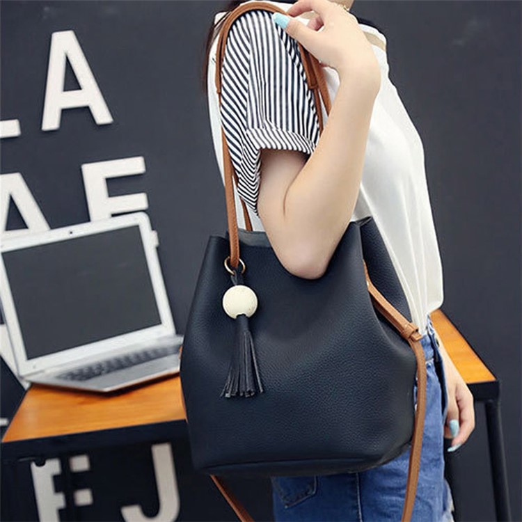 2 PCS / Set Women Handbag PU Leather Shoulder Bag Purse Bag - Black-1