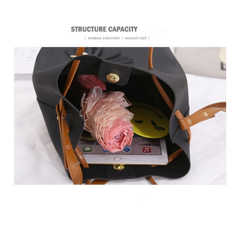 2 PCS / Set Women Handbag PU Leather Shoulder Bag Purse Bag - Black-4
