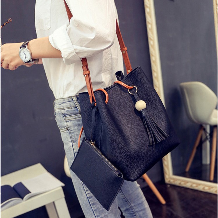 2 PCS / Set Women Handbag PU Leather Shoulder Bag Purse Bag - Black-5