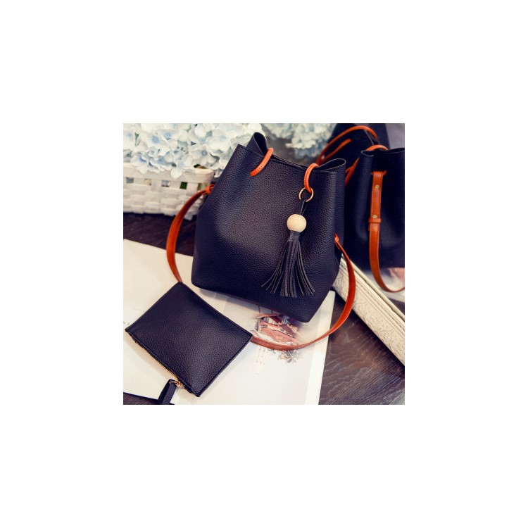 2 PCS / Set Women Handbag PU Leather Shoulder Bag Purse Bag - Black-6