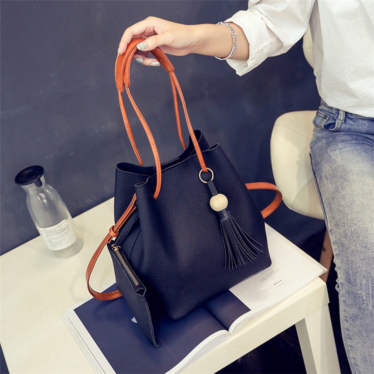 2 PCS / Set Women Handbag PU Leather Shoulder Bag Purse Bag - Black-7