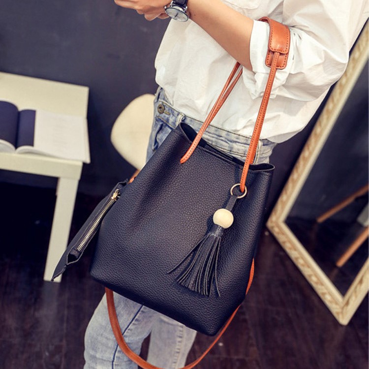 2 PCS / Set Women Handbag PU Leather Shoulder Bag Purse Bag - Black-8
