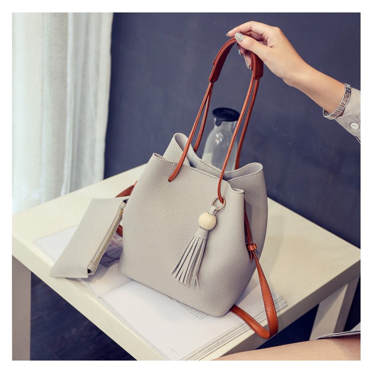 2 PCS / Set Women Handbag PU Leather Shoulder Bag Messenger Tote Bag Purse - Grey-1