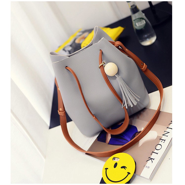 2 PCS / Set Women Handbag PU Leather Shoulder Bag Messenger Tote Bag Purse - Grey-3