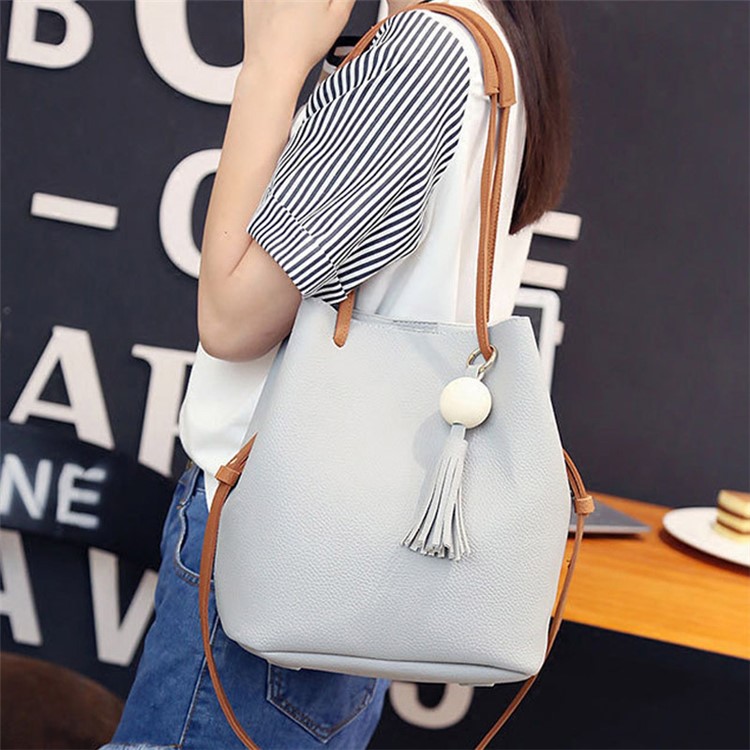 2 PCS / Set Women Handbag PU Leather Shoulder Bag Messenger Tote Bag Purse - Grey-4