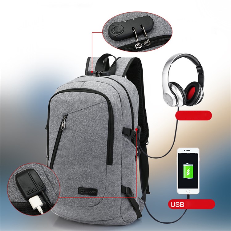 Anti-theft USB Charging Backpack School Backpack Bag Laptop Computer Bags – Grey-1