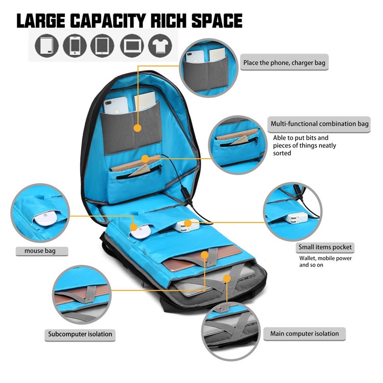 Solar Charger Backpack Multi-Function Anti-Theft 15.6 Inch Laptop Backpack with USB Charging Port - Black-3