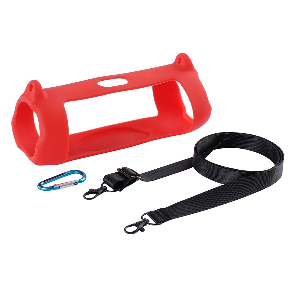 Silicone Carrying Case Bluetooth Speaker Protective Cover with Shoulder Strap Carabiner for JBL Charge 5 - Red-5