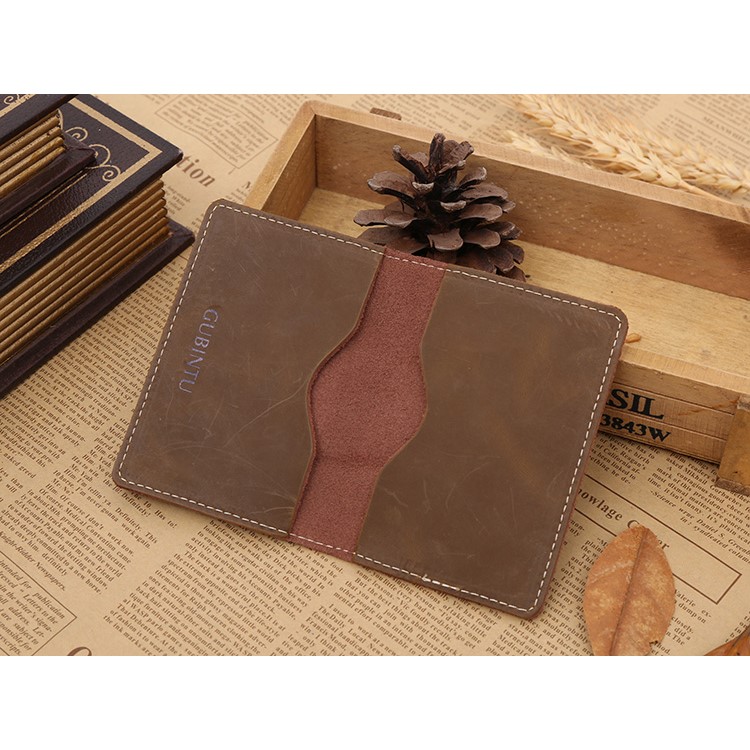 GUBINTU Vintage Style Hand-made Crazy Horse Genuine Leather Men's Credit Card Holder - Light Brown-3
