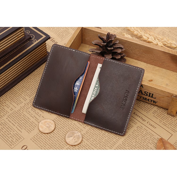 GUBINTU Vintage Style Hand-made Crazy Horse Genuine Leather Credit Card Holder Case - Dark Brown-10
