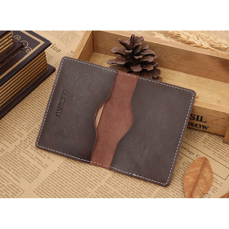 GUBINTU Vintage Style Hand-made Crazy Horse Genuine Leather Credit Card Holder Case - Dark Brown-3