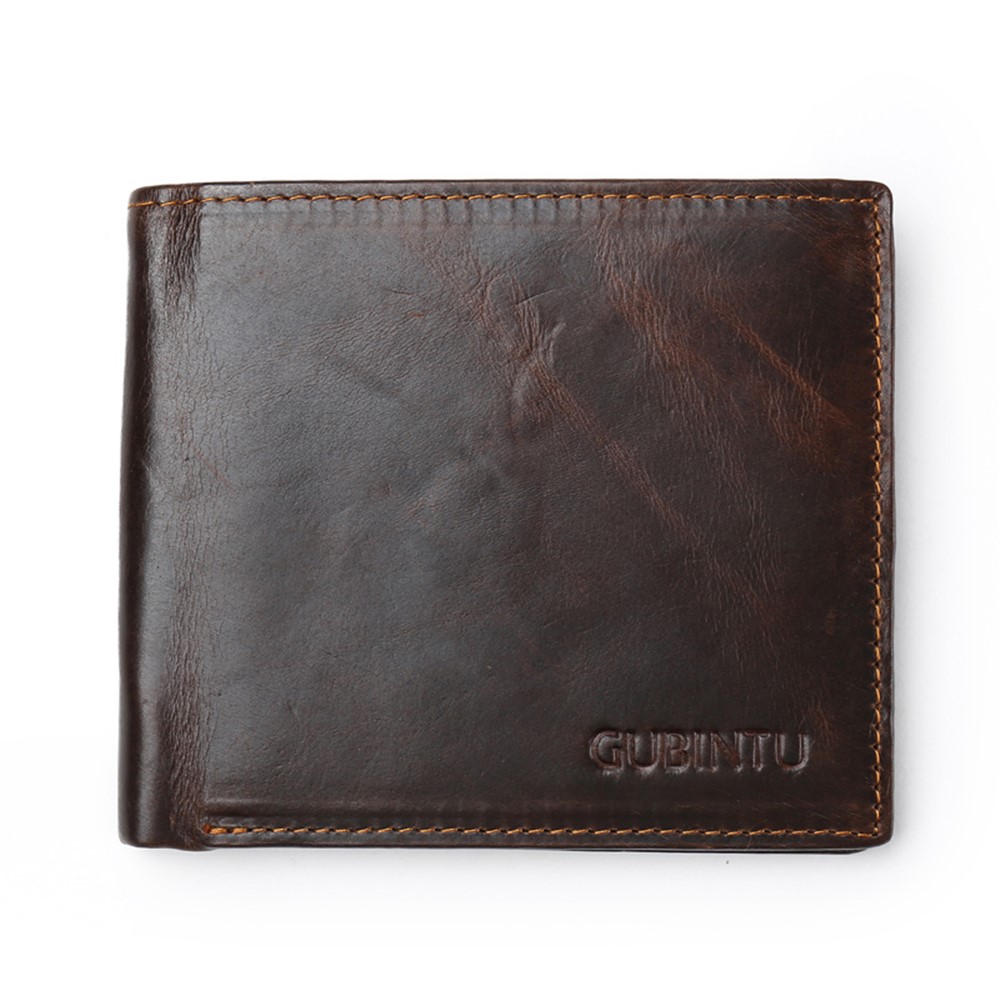 Gubinttu Men's Tri-fold Crazy Horse Texture Magnet Aproof Portafoglio In Vera Pelle - Caffè