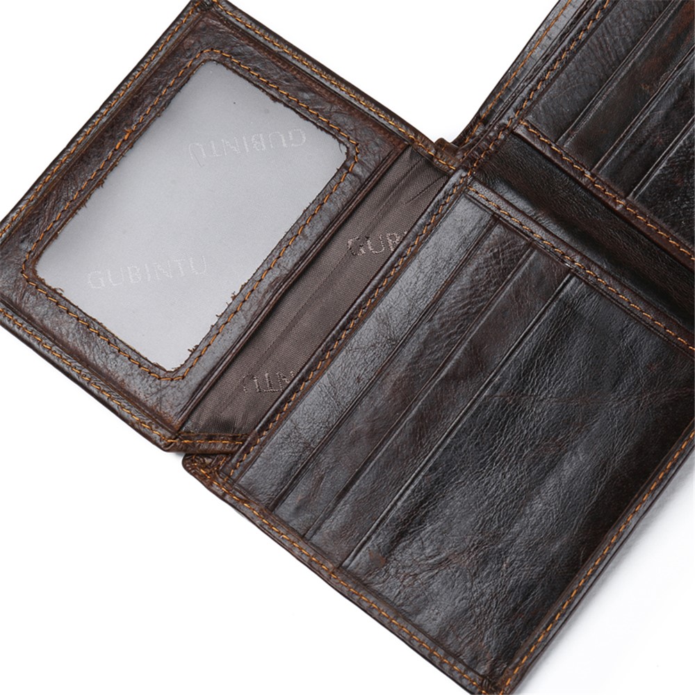 Gubinttu Men's Tri-fold Crazy Horse Texture Magnet Aproof Portafoglio In Vera Pelle - Caffè-8