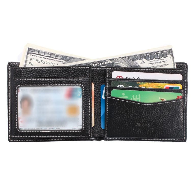 JINBAOLAI Business Style Litchi Textur Top Layer Rindsleder Kartensteckplätze Bi-fold Geldbörse Geldbörse für Herren - Schwarz-6