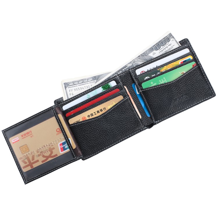 JINBAOLAI Business Style Litchi Textur Top Layer Rindsleder Kartensteckplätze Bi-fold Geldbörse Geldbörse für Herren - Schwarz-7