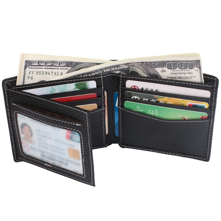JINBAOLAI Business Style Litchi Textur Top Layer Rindsleder Kartensteckplätze Bi-fold Geldbörse Geldbörse für Herren - Schwarz-8