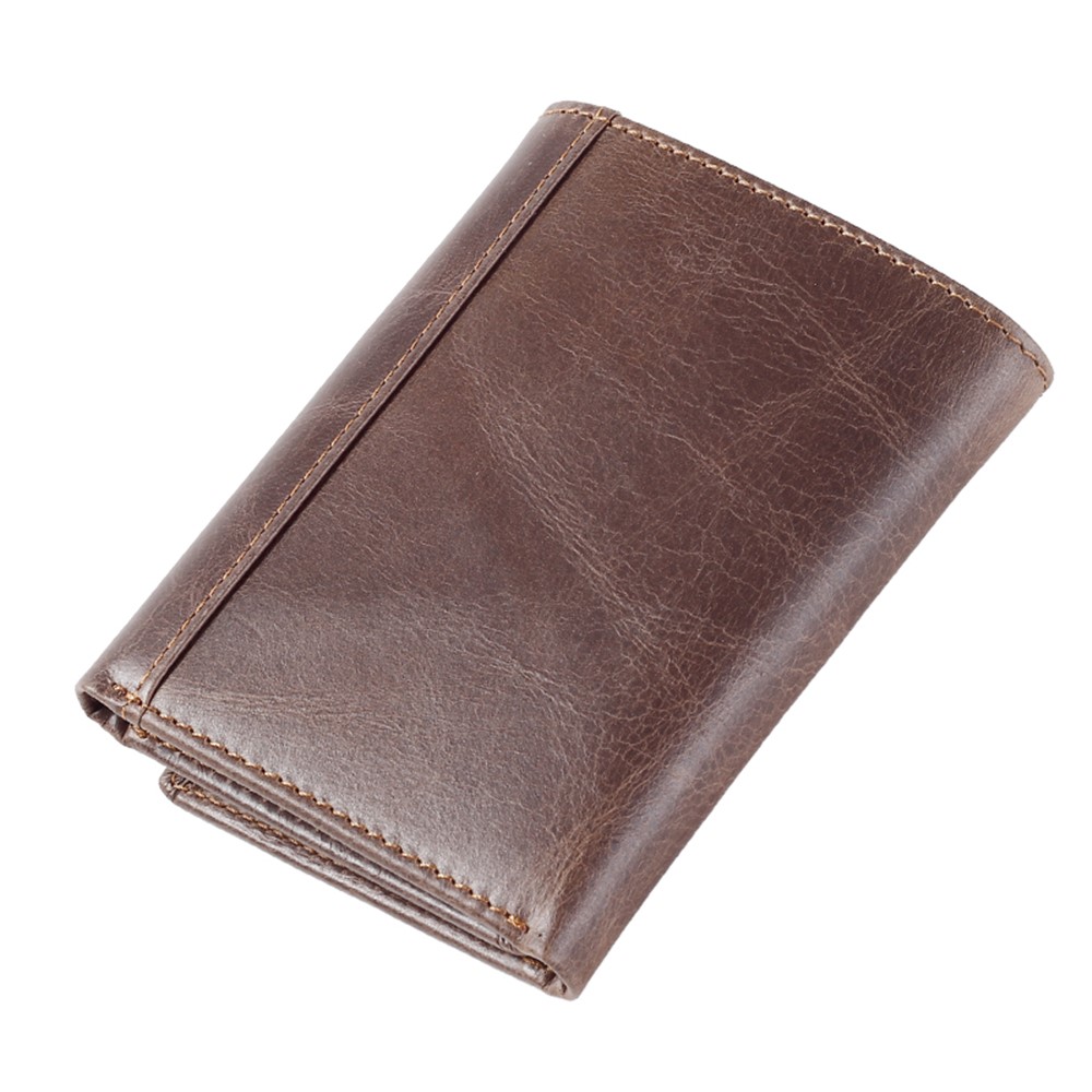 JINBAOLAI Top Layer Cowhide Leather Short Purse Tri-fold Wallet for Men - Coffee-2