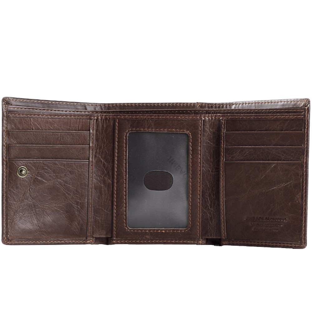 JINBAOLAI Top Layer Cowhide Leather Short Purse Tri-fold Wallet for Men - Coffee-3