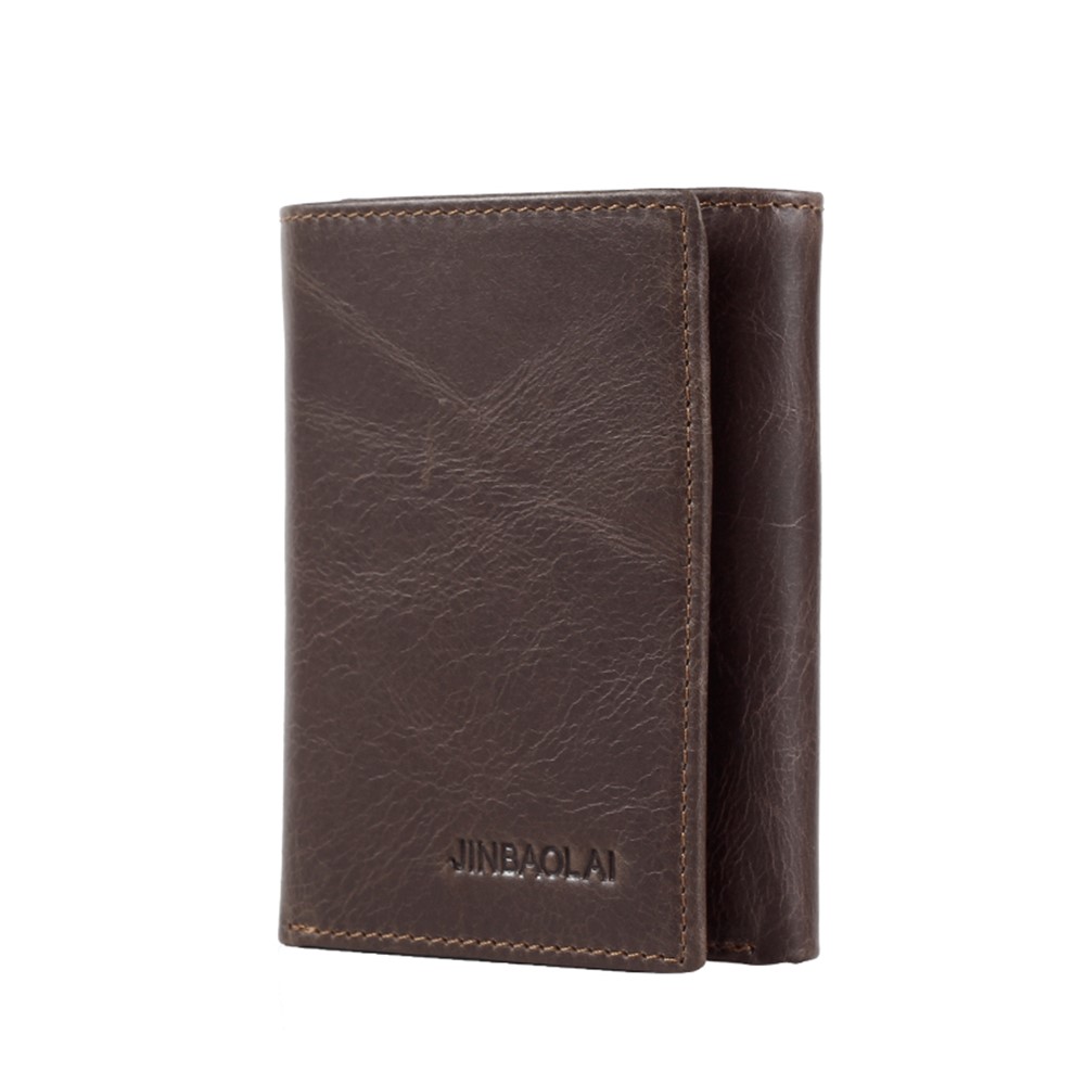 JINBAOLAI Top Layer Cowhide Leather Short Purse Tri-fold Wallet for Men - Coffee-5