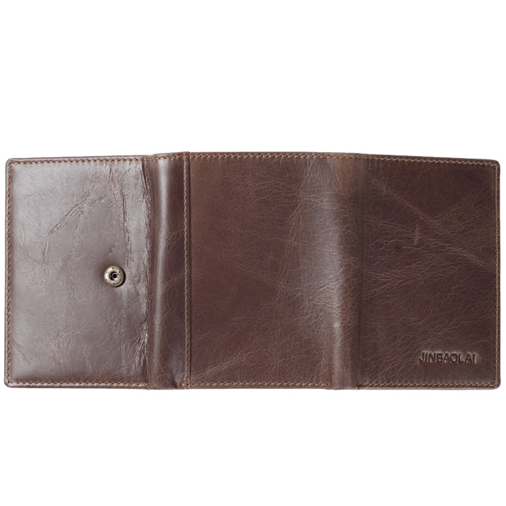 JINBAOLAI Top Layer Cowhide Leather Short Purse Tri-fold Wallet for Men - Coffee-7
