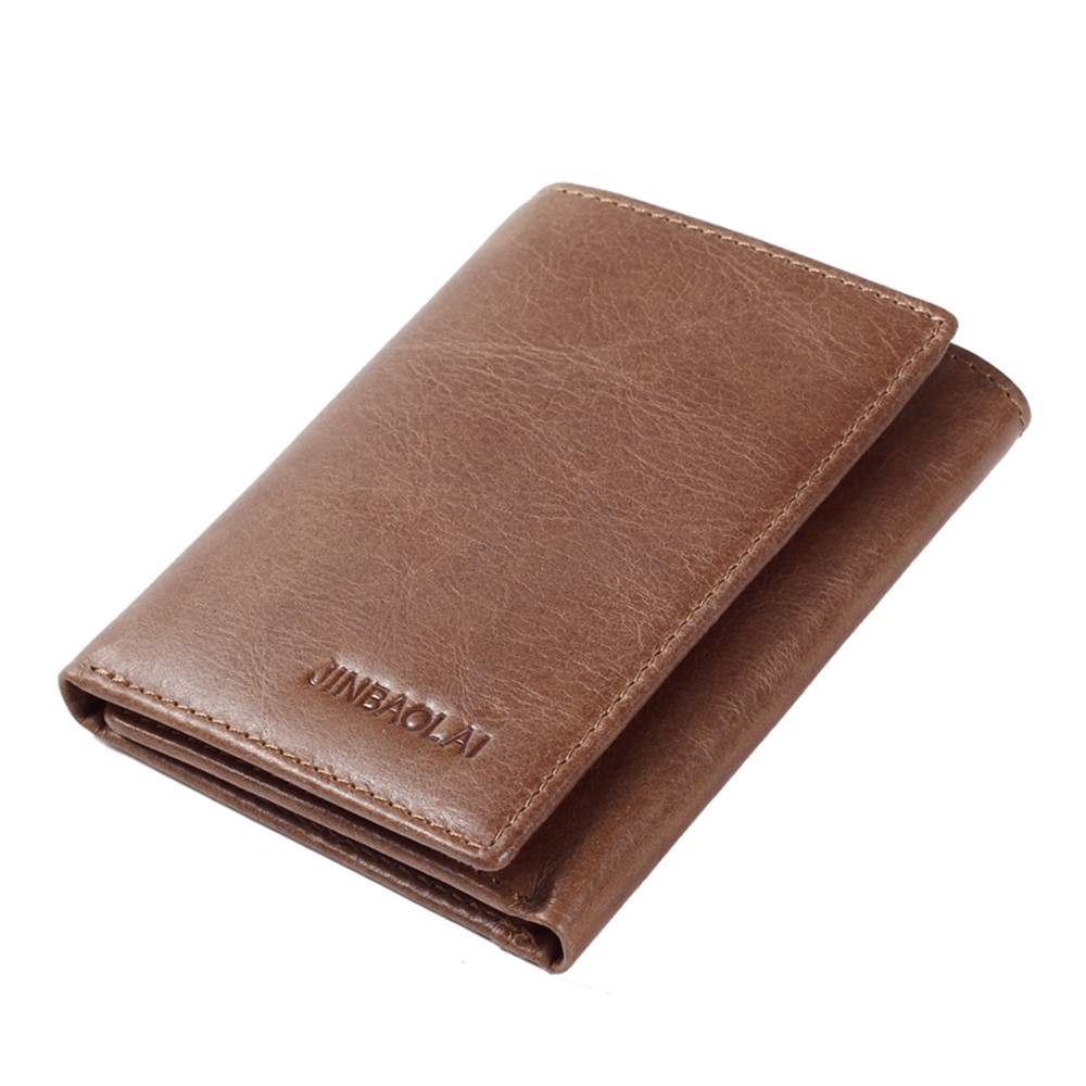 JINBAOLAI Tri-fold Top Layer Cowhide Leather Card Slots Wallet Purse for Men - Brown-1