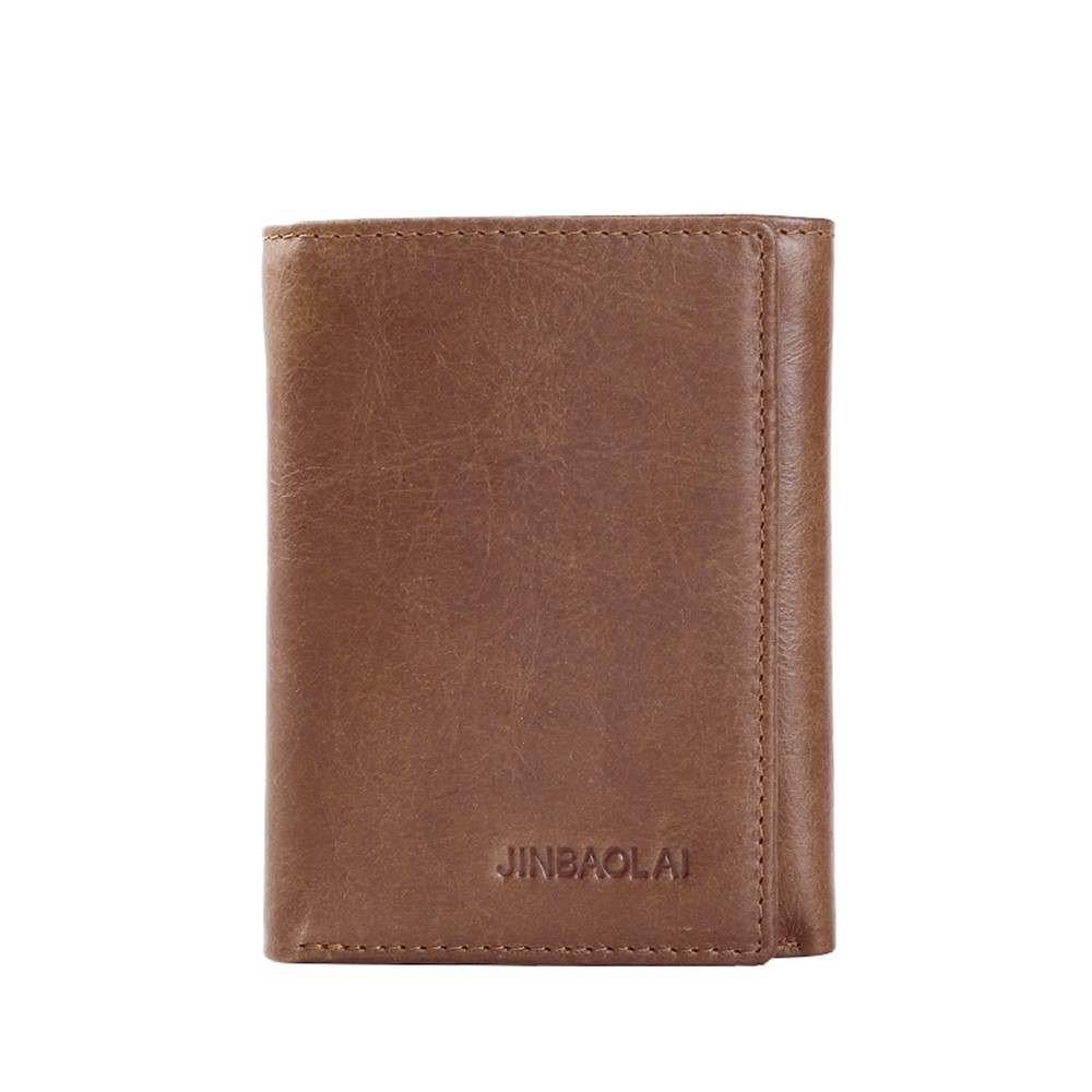 JINBAOLAI Tri-fold Top Layer Cowhide Leather Card Slots Wallet Purse for Men - Brown-13