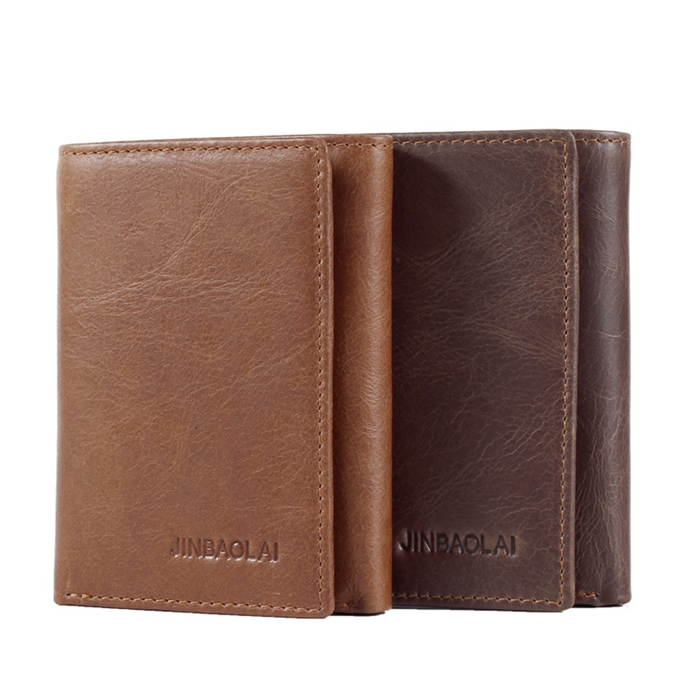 JINBAOLAI Tri-fold Top Layer Cowhide Leather Card Slots Wallet Purse for Men - Brown-16