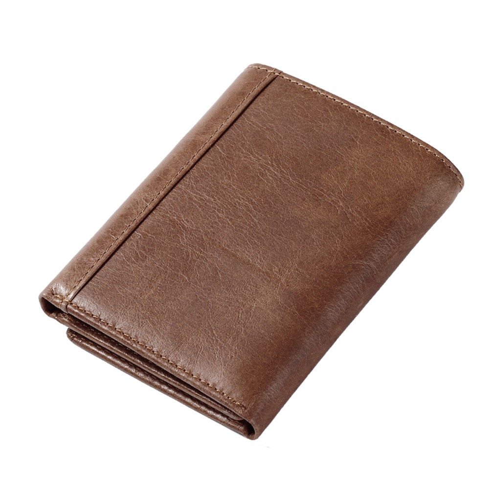 JINBAOLAI Tri-fold Top Layer Cowhide Leather Card Slots Wallet Purse for Men - Brown-2
