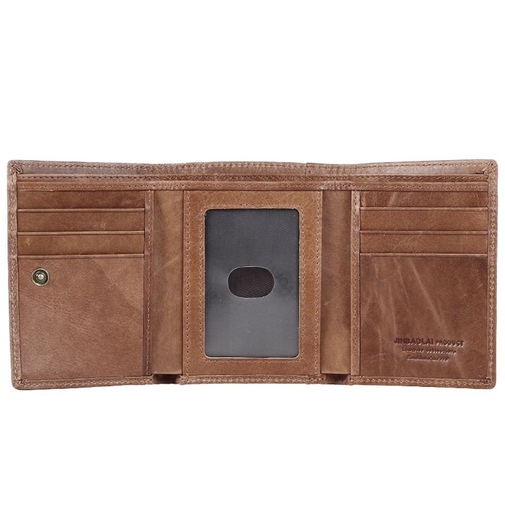 JINBAOLAI Tri-fold Top Layer Cowhide Leather Card Slots Wallet Purse for Men - Brown-4