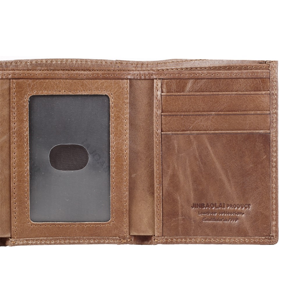 JINBAOLAI Tri-fold Top Layer Cowhide Leather Card Slots Wallet Purse for Men - Brown-5