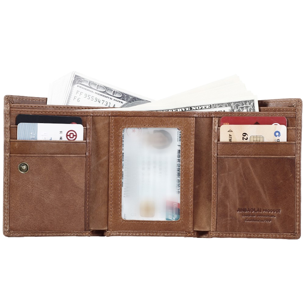 JINBAOLAI Tri-fold Top Layer Cowhide Leather Card Slots Wallet Purse for Men - Brown-8