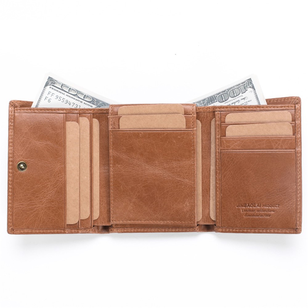JINBAOLAI 852 Genuine Cowhide Leather Anti-theft RFID Protected Tri-fold Men's Short Wallet Purse - Brown-10