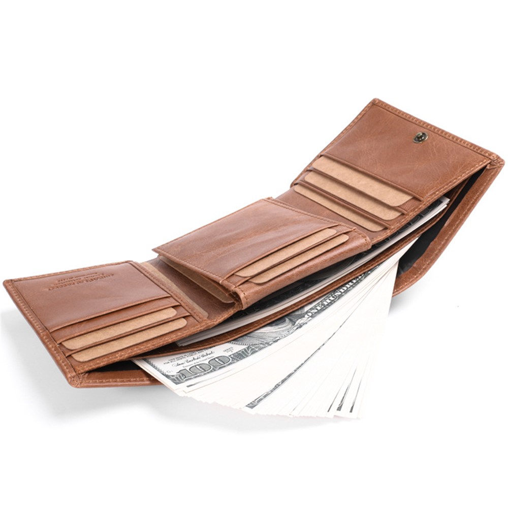 JINBAOLAI 852 Genuine Cowhide Leather Anti-theft RFID Protected Tri-fold Men's Short Wallet Purse - Brown-13