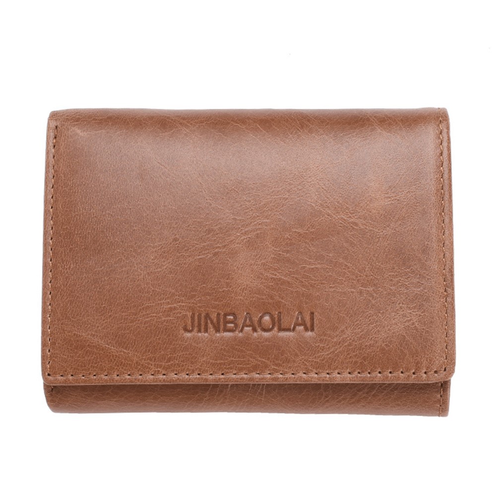 JINBAOLAI 852 Genuine Cowhide Leather Anti-theft RFID Protected Tri-fold Men's Short Wallet Purse - Brown-3
