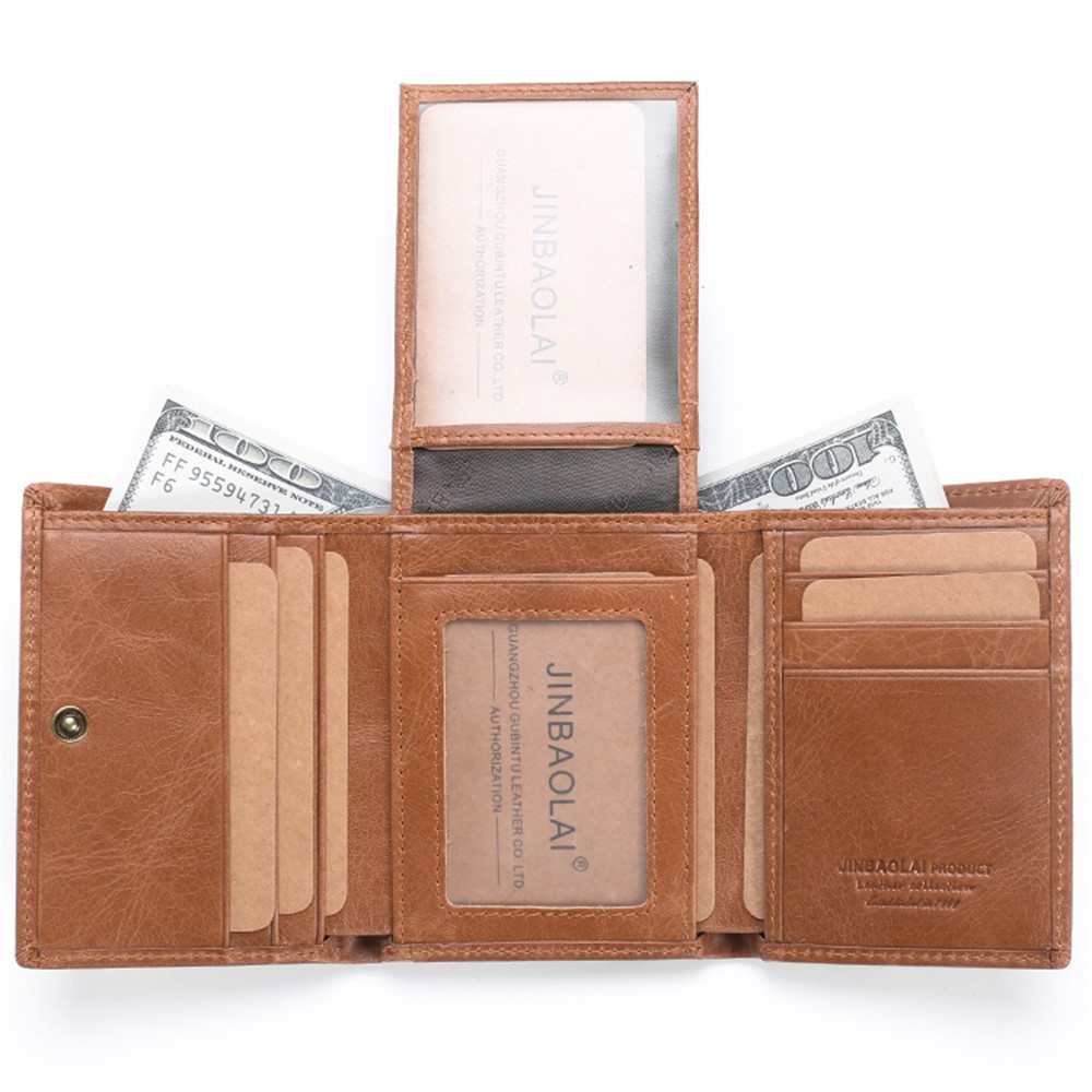 JINBAOLAI 852 Genuine Cowhide Leather Anti-theft RFID Protected Tri-fold Men's Short Wallet Purse - Brown-6