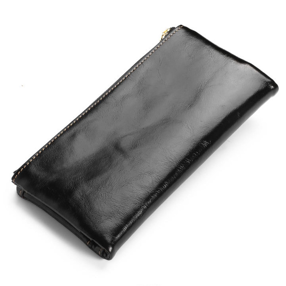 Top-layer Cowhide Leather Bi-fold Card Holder Zipper Wallet Purse for Women - Black-2