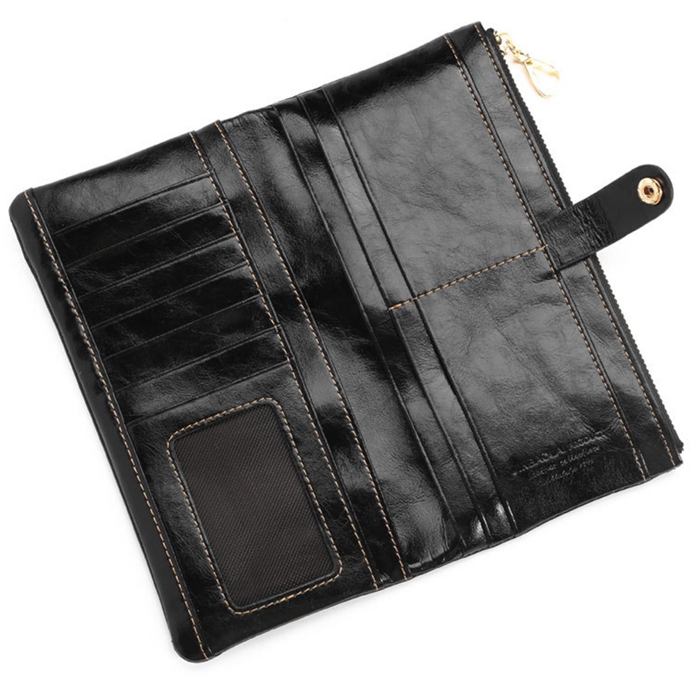 Top-layer Cowhide Leather Bi-fold Card Holder Zipper Wallet Purse for Women - Black-3