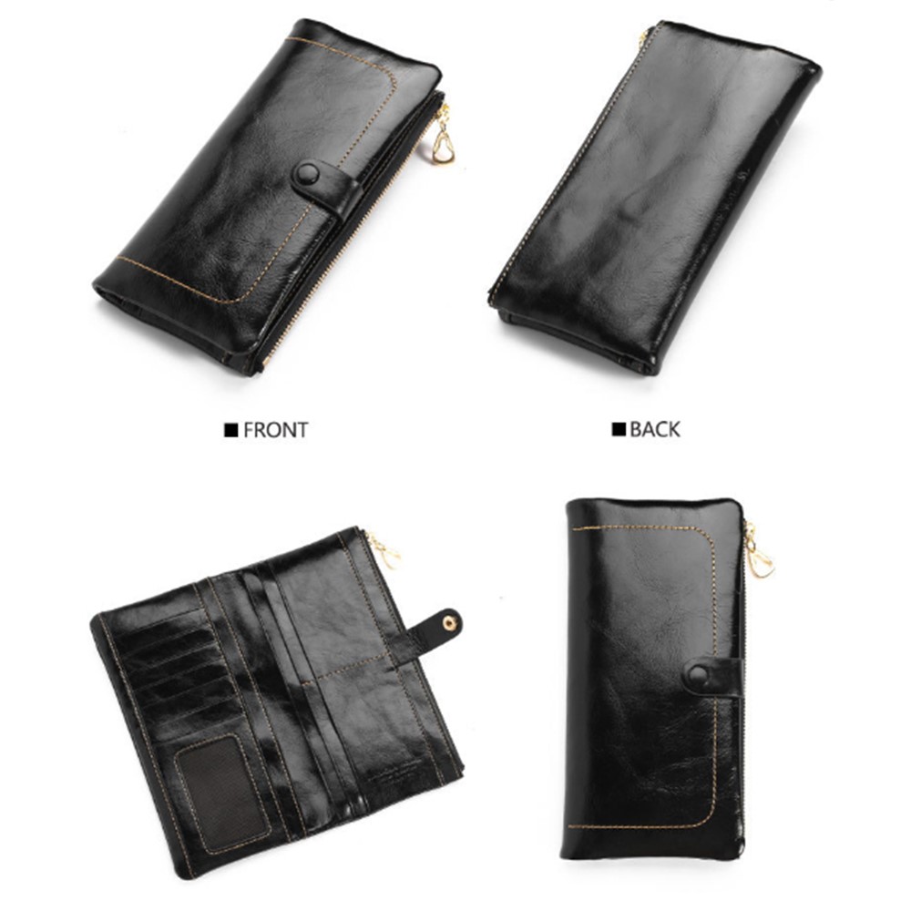 Top-layer Cowhide Leather Bi-fold Card Holder Zipper Wallet Purse for Women - Black-4